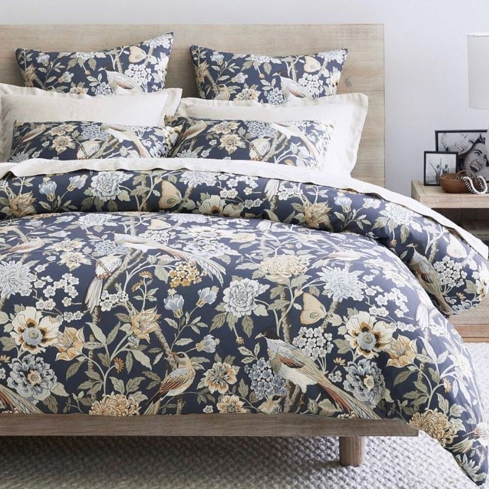 Pottery Barn Bloom Floral Sateen Duvet Cover Blue King/Cal King 100 % Cotton